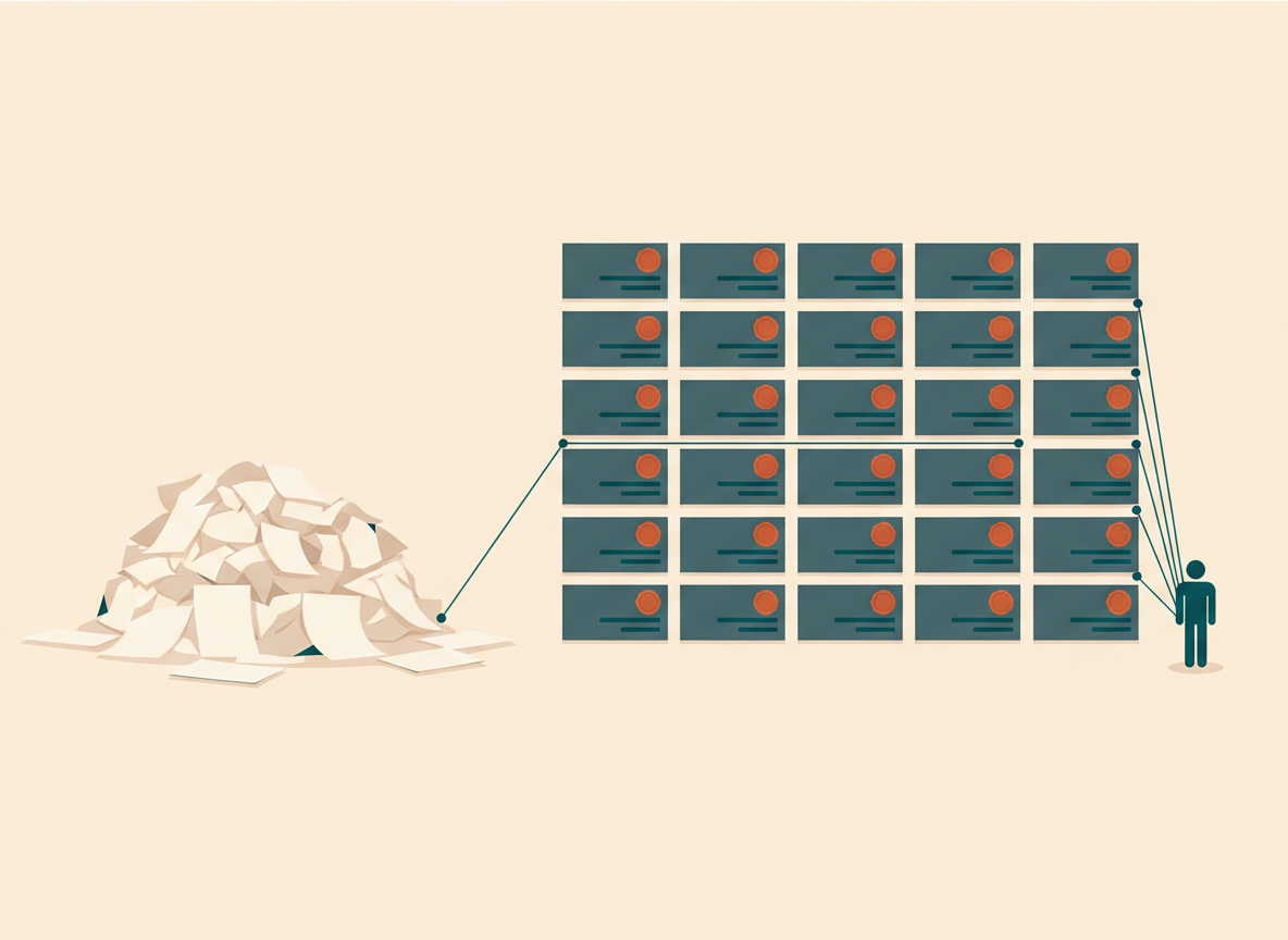 Flat illustration of loose documents becoming an ordered grid of sealed, timestamped records, with lines connecting them to a single human figure.